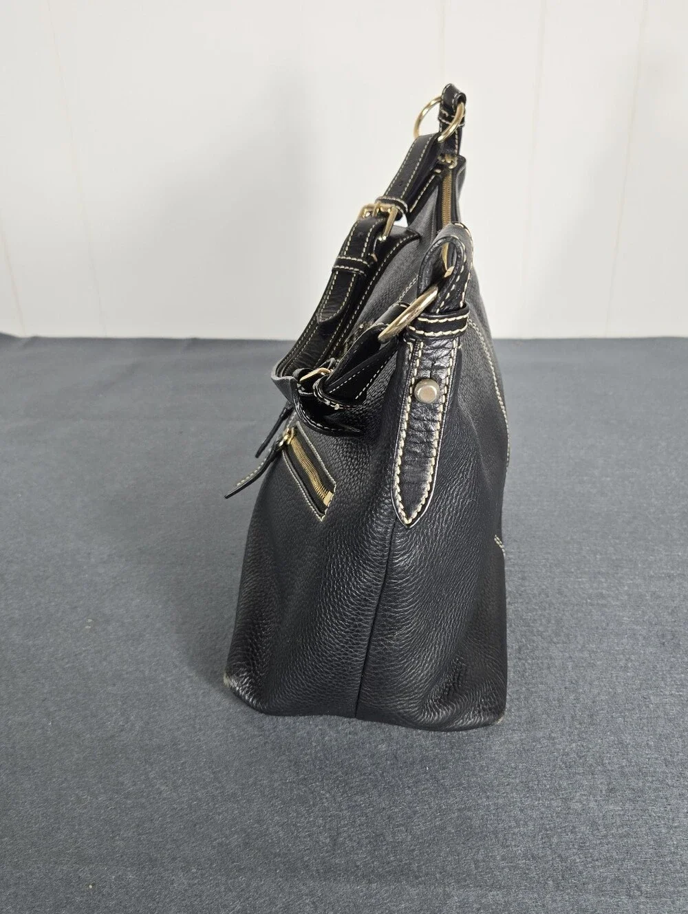 Dooney & Bourke Black Pebbled Leather Hobo with Gold Hardware Travel Plane